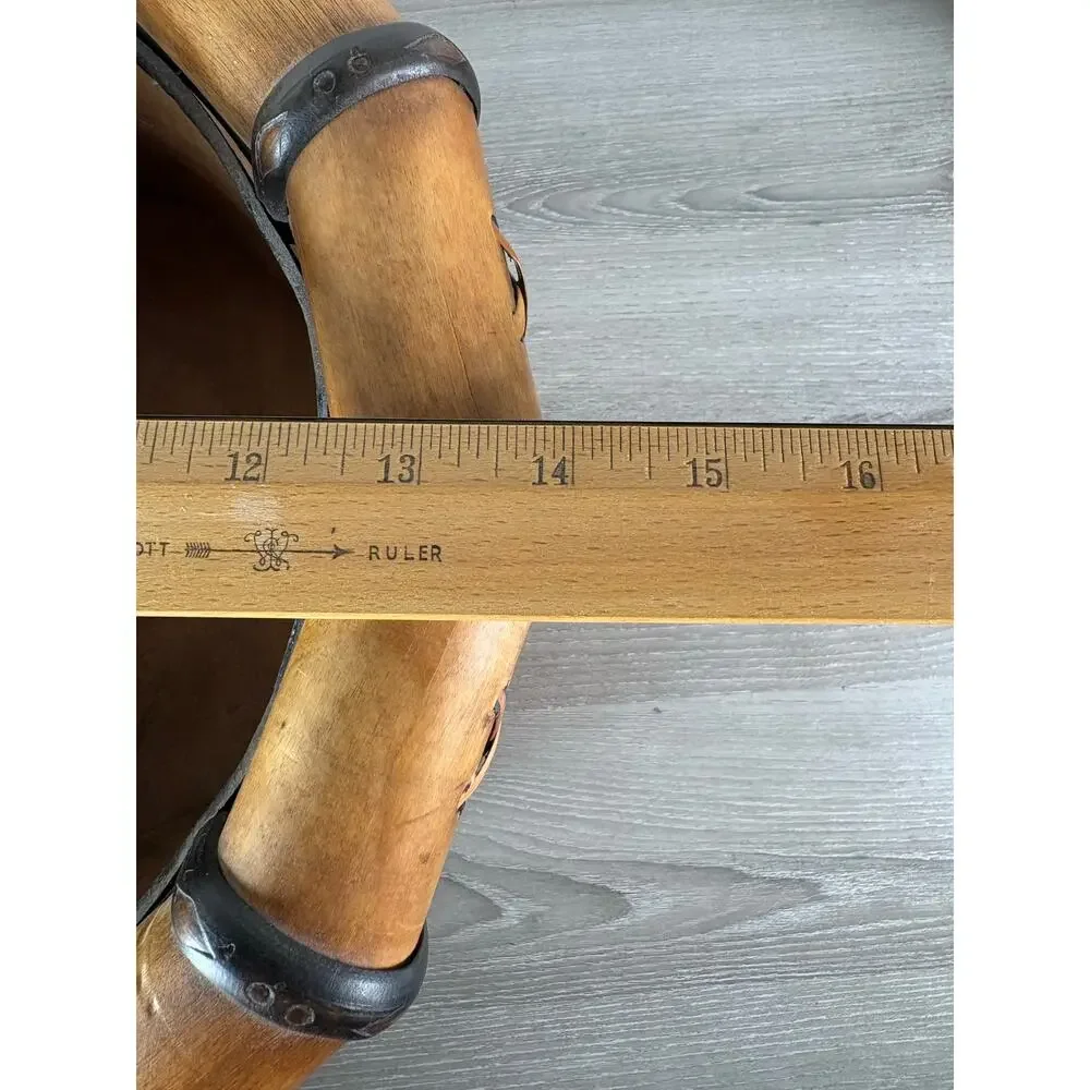 Vintage Rustic Wood & Leather Laced Basket Handcrafted Planter Bowl 16” Diameter